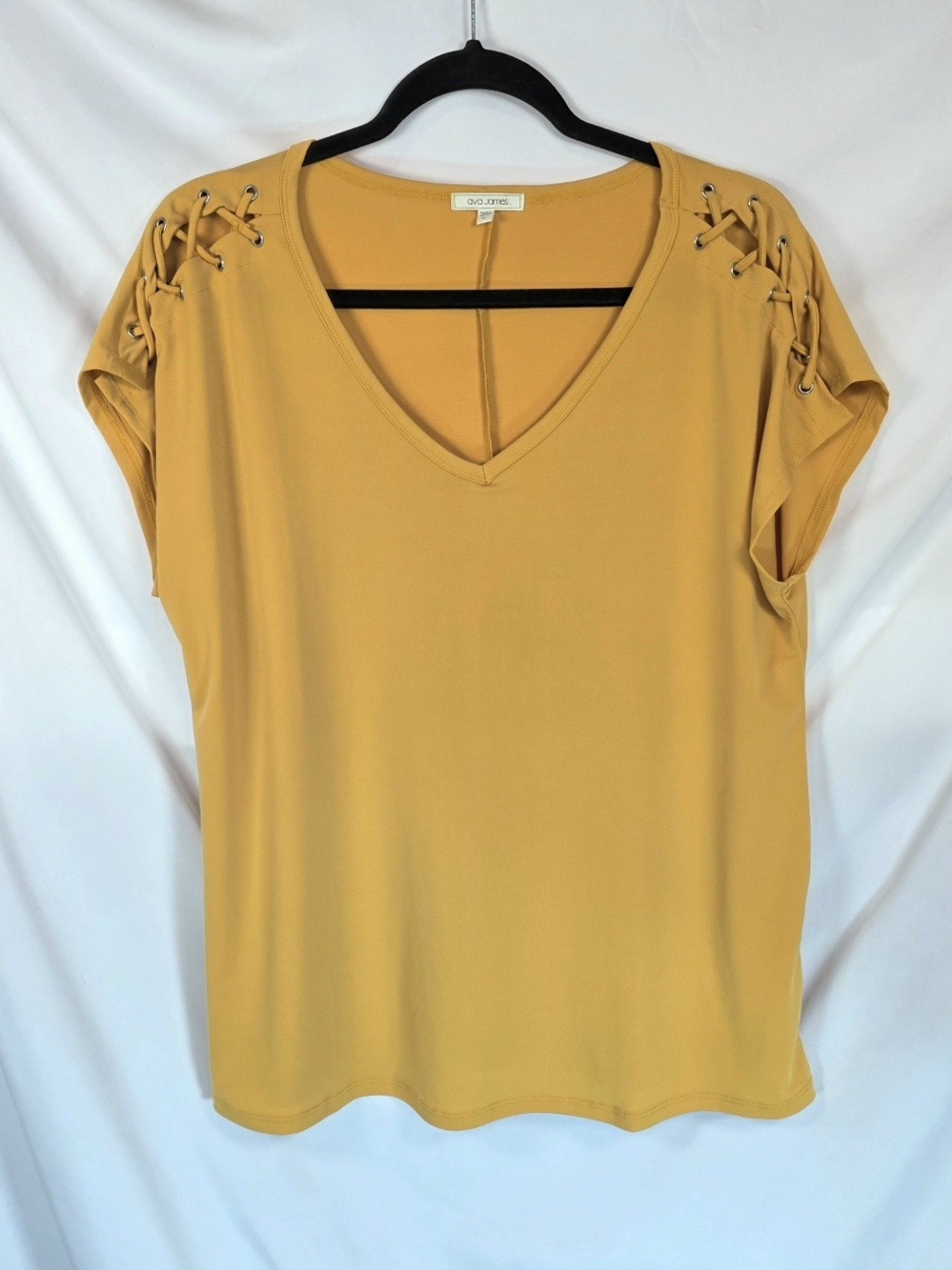 Ava James Gold Mustard Top Sz L Lace Up Corset Shoulder Blouse Boho Chic Casual